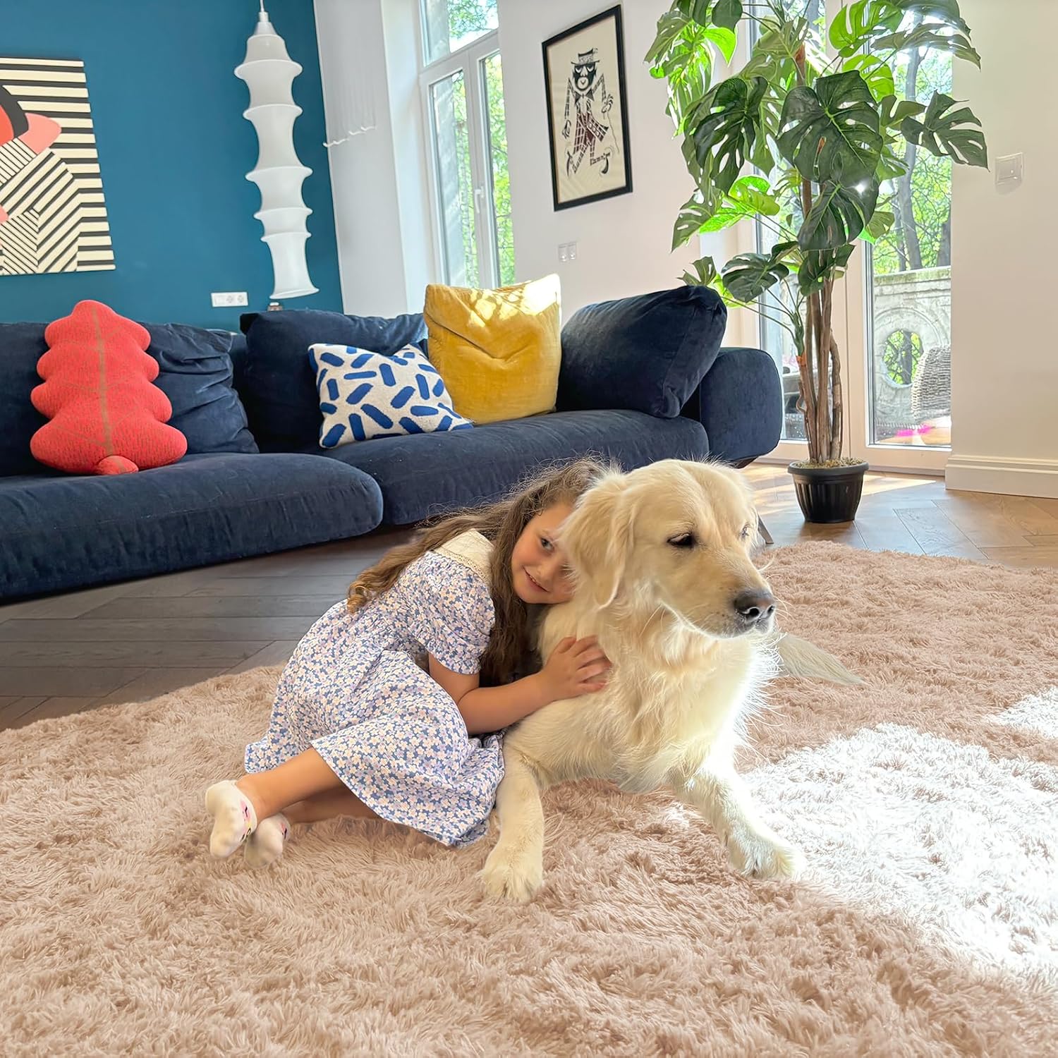 OLANLY Area Rug - Soft Fluffy Shaggy Design | Machine Washable 4x5.9 ft for Living Room & Bedroom - Beige