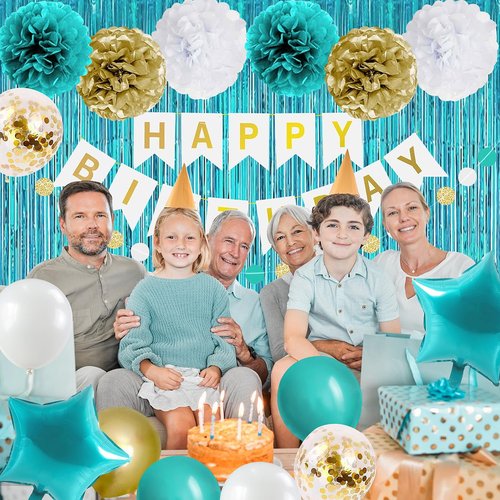 Teal Turquoise Blue and Gold Birthday Party Decorations for Women Girls with Happy Birthday Banner,Star Foil Balloons,Fringe Curtain,Circle Dots Garland,Blue Gold Latex Balloons