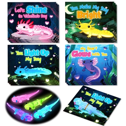 AuroTops Valentines Day Gifts for Kids,24 Pack Glow in The Dark Axolotl Toys with Valentines Day Cards for Kids School Classroom Exchange Gifts for Boys Girls Fidget Toys Bulk Kids Party Favors
