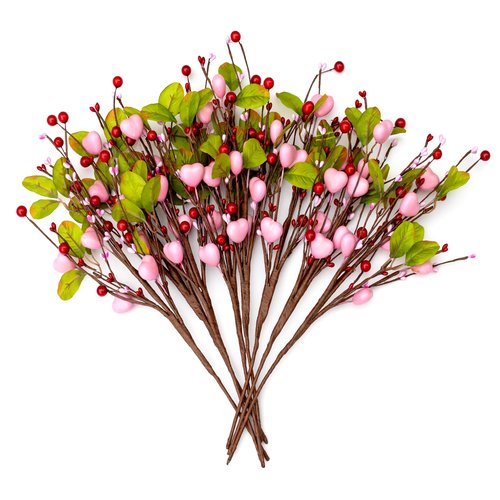AXYLEX Valentines Day Decorations Floral Picks Stems - 8Pcs,16 Inch Artificial Pink Berry Heart Shaped Branches Gift for Wedding Home Vase Decor (PinkGreen)