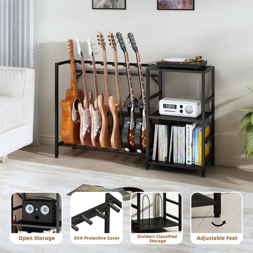 ZHNSYDN Record Player Stand with Guitar Stand, Record Player Table with Guitar Rack, Guitar Holder 7 Space for Multiple Guitars, Bass, Acoustic, Guitar Display for Home Music Studio, Black