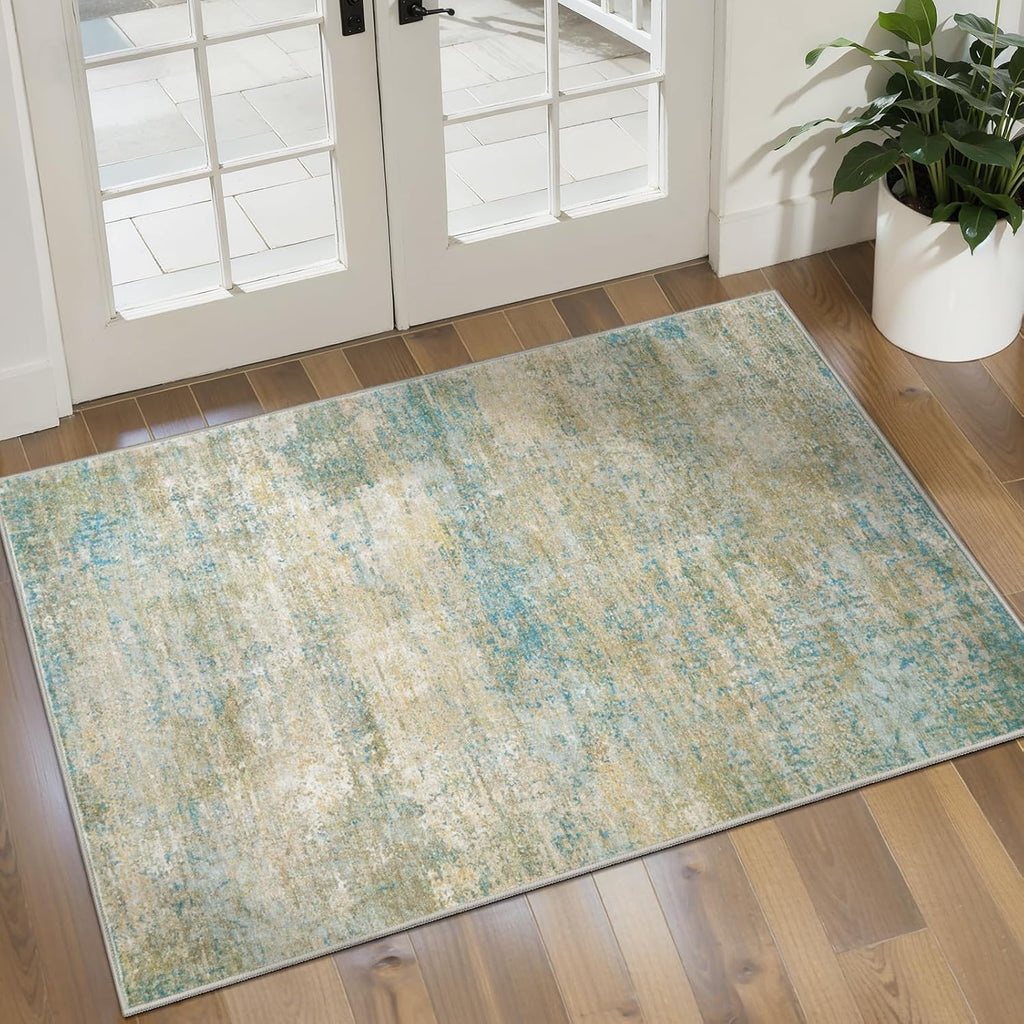 Tangsoo Washable 2x3 Area Rug - Modern Non-Slip Soft Rug for Entryway, Kitchen, Bathroom | Blue/Beige