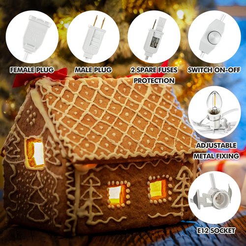 Leelosp Accessory Cord with LED Bulbs, 14.8 ft White Cord with C7 Lamp, On/Off Switch Plug, Spare Fuses, Female/Male Plugs, Village Light for Halloween Christmas Indoor Decor Craft Project(5 Light)