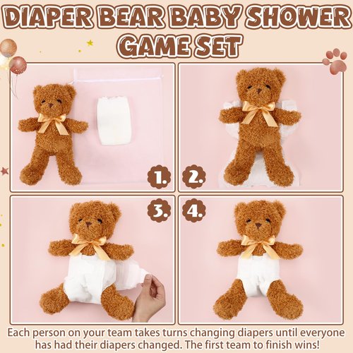 Seenelling 6 Sets Bear Blindfolded Diaper Changing Coed Baby Shower Games Kit Baby Dolls Bears Diapers for Bridal Shower Gender Reveal Games Prizes Gifts for Adults Boys Girls (Tan)