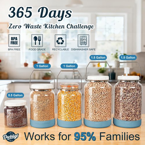 Dwbligt 2 Packs 1 Gallon Glass Jars with Airtight Lids, Wide Mouth Mason Jars with Clip Top & Stainless Steel Handle & Silicone Base, Glass Storage Containers for Kitchen Storage, Pickling-Dual Scale