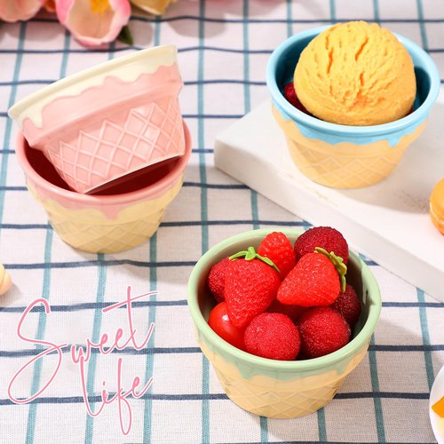 Honeydak 4 Pcs Ice Cream Ceramic Bowls 9 oz Waffle Ice Cream Cups Reusable Sundae Dessert Snack Containers for Summer Kid Adult Birthday Home Yogurt Soup Bar Christmas Party Supplies