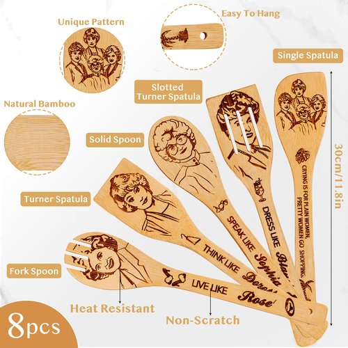 Golden Gifts for Women,Kitchen Utensils Set,Golden Wooden Cooking Spoons with Apron Oven Mitt Potholder for Fans,Great Birthday Wedding and Housewarming Christmas 8pcs