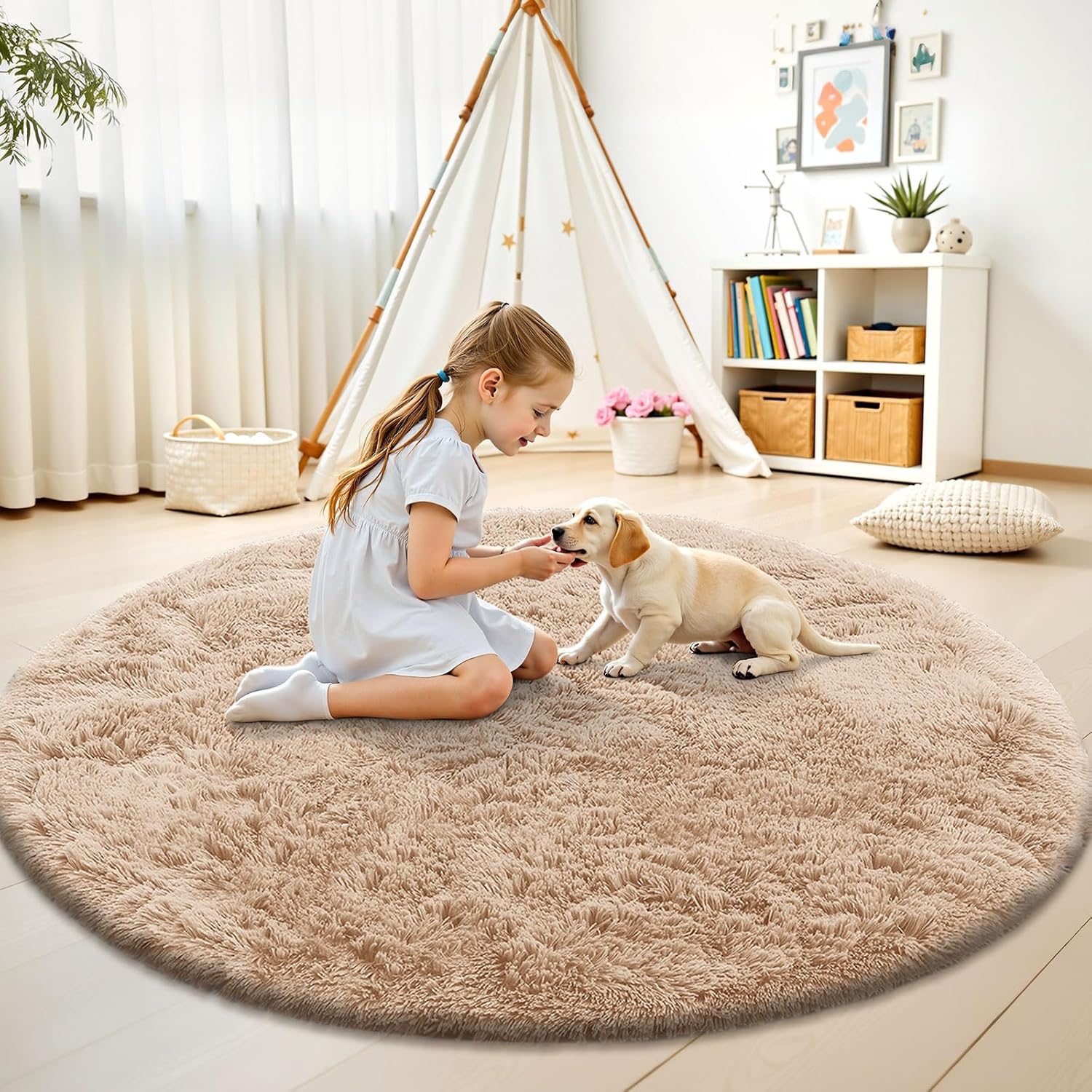 OLANLY Round Beige Area Rug - Soft, Fluffy, Machine Washable 8 ft Circle Carpet for Bedroom & Living Room Decor