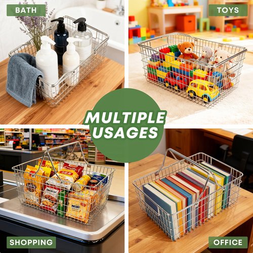 Wire Harvest Basket, Kitchen Organizers and Storage with Foldable Handle - 15.0"x9.8"x6.9" Portable Stainless Steel Picnic Baskets for Gathering Vegetables,Fruits,Kitchen,Garden,Picnic&Shopping (1, L)