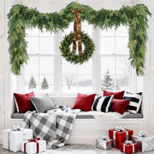 Extra Thick&Lush - 6Ft by 12 Inch Artificial Garland Norfolk Pine Garland, Real Touch Cedar Garland, Realistic Soft 120 Branch Tips Pine&Cedar Faux Greenery Cypress Garlands for Mantle Outdoor Indoor