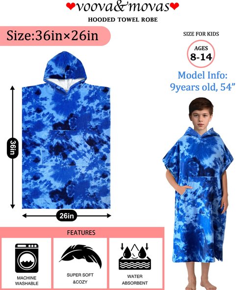 VOOVA & MOVAS Hooded Towels for Teens (8-14 Years,36"X26") | 100% Cotton Poncho Towel for Big Kids & Boys | Large Absorbent Towel Robe for Pool, Bath, Swim | Blue Tie Dye Design