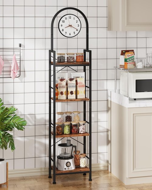 HIGDBFE Bookshelf, 4 Tier Arched Bookshelf with Built-in Clock, 68.2" Tall Narrow Bookcase, Modern Standing Book Shelf for Living Room, Bedroom, Home Office, Rustic Brown