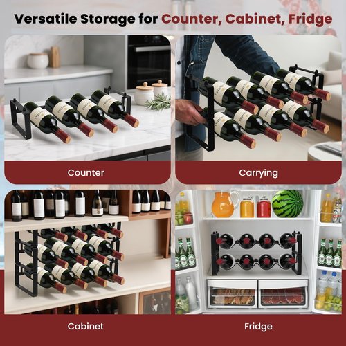 STAEVER Small Wine Rack for 8 Bottles – Expandable & Stackable Metal Wine Rack for Cabinet, Countertop, Floor, or Small Spaces – Compact Wine Storage Shelf for Kitchen, Bar, or Pantry (2 Tier, Black)