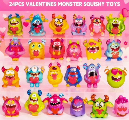 24Pcs Monster Valentines Day Gifts for Kids with Cards, Squishy Toys for Galentines School Gift Exchange, Classroom Prizes, Bag Fillers, Party Favors