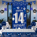 14th Birthday Decorations for Boys Girls, Blue Silver Happy 14th Birthday Party Decorations Supplies - Happy 14 Birthday Backdrop Banner Tablecloth Triangle Flag Balloons for 14 Year Old Bday Party