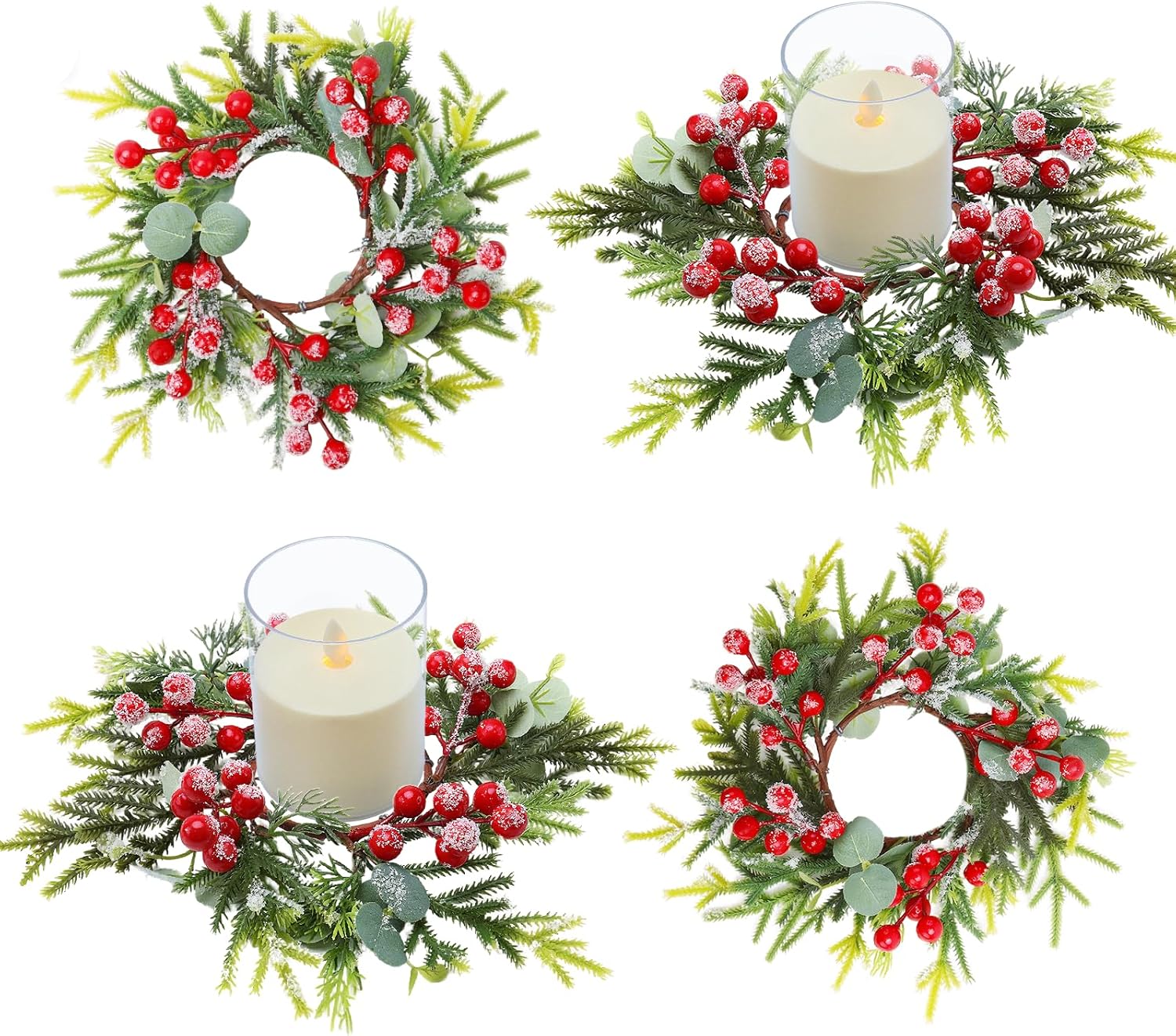 Skiennix Christmas Candle Rings - Mini Wreaths with Red Berries | 4-Pack 2.76-Inch Snowy Pine Decor