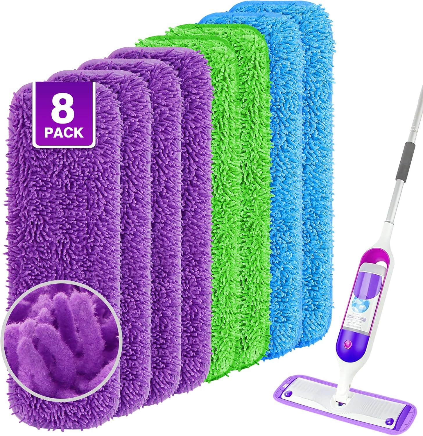 UNIMADE Reusable Mop Pads - 8 Pack Microfiber Refills with Scrubber Strips for 13''-15'' SprayMop | Washable, Pet-Friendly, Multi-Color