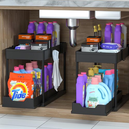 DEKAVA Under Sink Organizer - 2 Pack Bathroom Cabinet Storage Baskets | 2 Tier Sliding Design (Black)