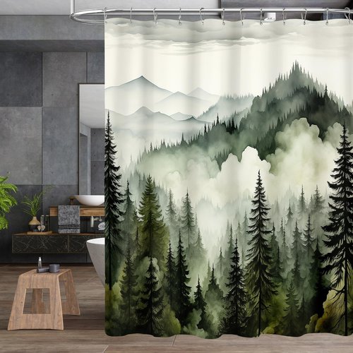 BayNook 4PCS Dark Green Misty Forest Bathroom Sets with Shower Curtain and Rugs, Rustic Woodland Shower Curtain Sets with Rugs, Nature Mountain Landscape Bathroom Curtains Shower Set