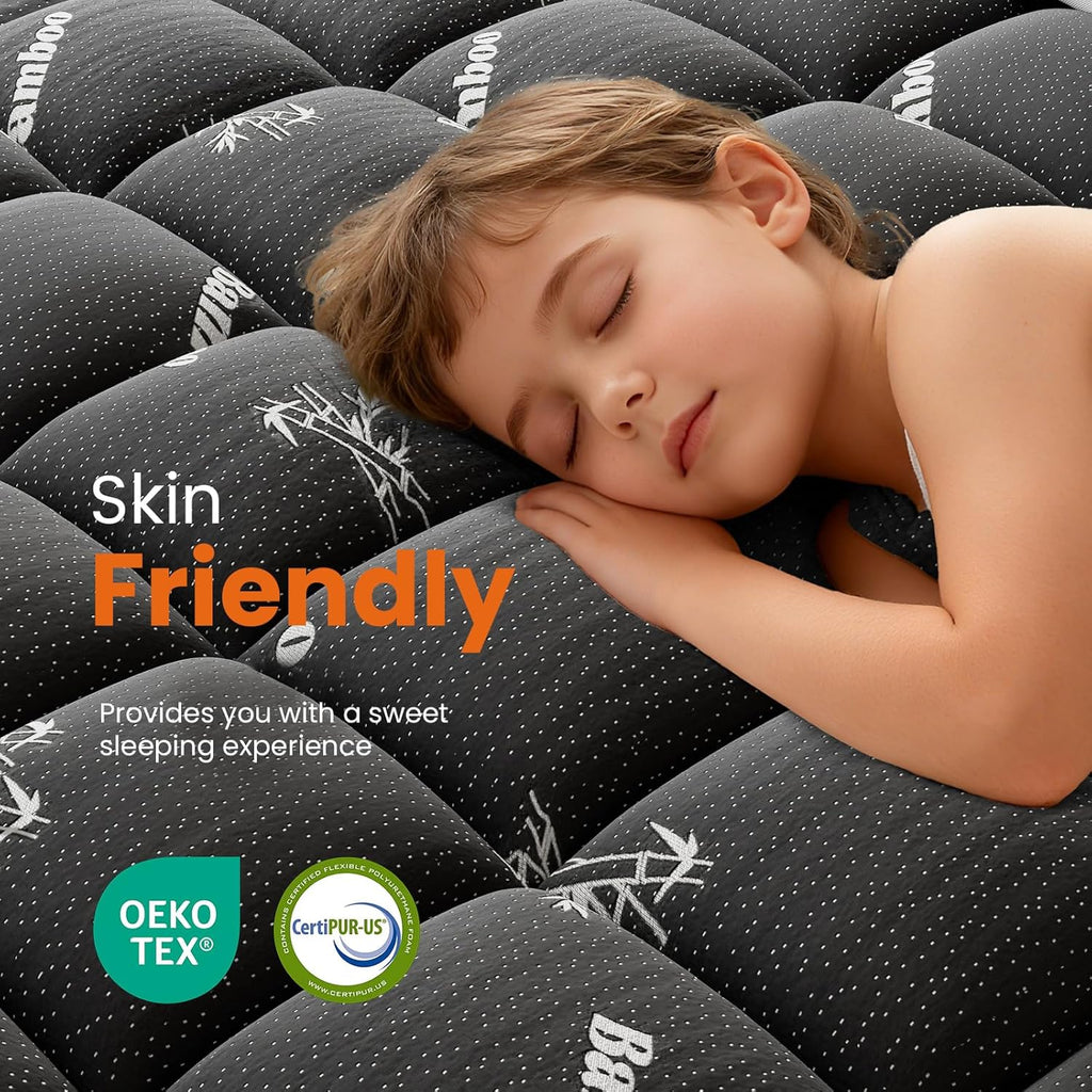 Sweetcrispy Ultra Soft Mattress Topper - Twin Size Bamboo Pillow Top for Cooling & Back Pain Relief | Black