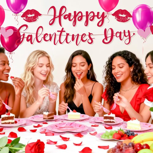 109PCS Happy Galentine's Day Party Supplies,Pink Love Heart Disposable Paper Plates Napkins Cups Forks Dinnerware for 24 Guest,Galentines Banner Balloons for Valentine's Day Anniversary Decorations