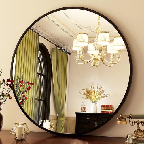 HARRITPURE 28" Round Mirror - Black Bathroom Mirror Circle Wall Mirror with Brushed Aluminum Alloy Frame Modern Decor for Living Room, Vanity, Bedroom, Entryway