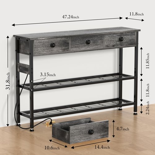 47" Narrow Console/Entryway Table with Storage & 3 Drawers & Outlets, for Sofa & Living Room, Hallway/Foyer/Couch/TV/ Aquarium Stand Table for Entryway with USB Ports, LED Light Strip,Perfect for Home