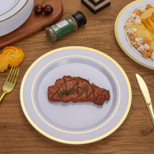 Goodluck 100PCS Gold Plastic Plates, 10.25 Inch Dinner Plate with Gold Rim, Heavy Duty Disposable Plastic Plates for Party, Wedding, Birthday & Daily Use