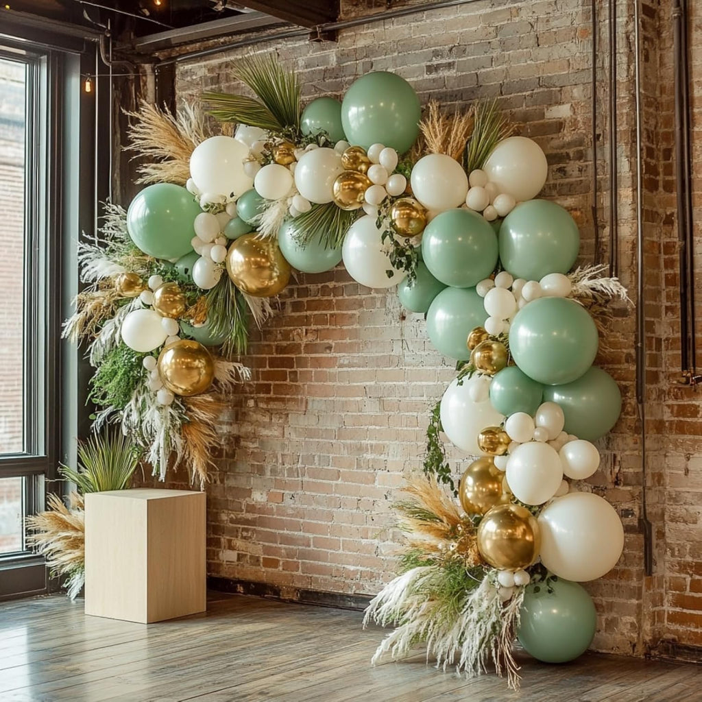 PartyWoo Sage Green Balloon Arch Kit - 152pcs Boho Balloons in Olive, Dusty Green, White & Gold for Baby Showers, Graduations & Birthdays