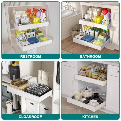 2 Pack 21'' Deep Pull Out Cabinet Organizer Expandable Width (12.6'' to 21'') Slide Out Drawers Pull Out Drawers Fixed with Adhesive Nano Film or Nail for Kitchen Bathroom Organization, White