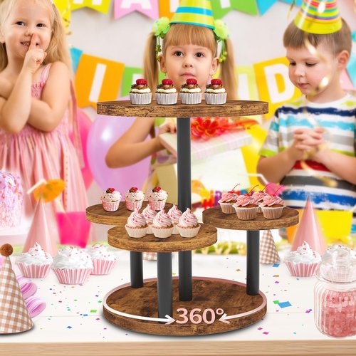 Cupcake Stand, Rotatable Cupcake Stand, Rustic Industrial Wood Cake Stand Cupcake Tower, Dessert Table Display Set Tiered Tray Stand, Round Serving Tray Cake Stands for Party Wedding Birthday