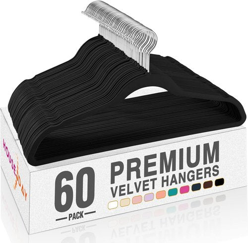 HOUSE DAY Black Velvet Hangers - 60 Pack with 20 Leggings Organizer Clips | Premium Quality