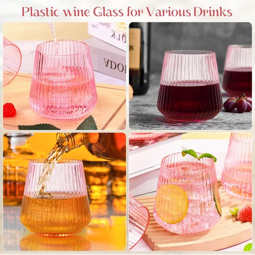24 Pack Pink Plastic Wine Cups, 14oz Disposable Stemless Ribbed Wine Glasses, Cute Clear Unbreakable Outdoor Cocktail Glasses, Heavy Duty Plastic Drinking Cup for Galentine Wedding Party Mimosa Bar