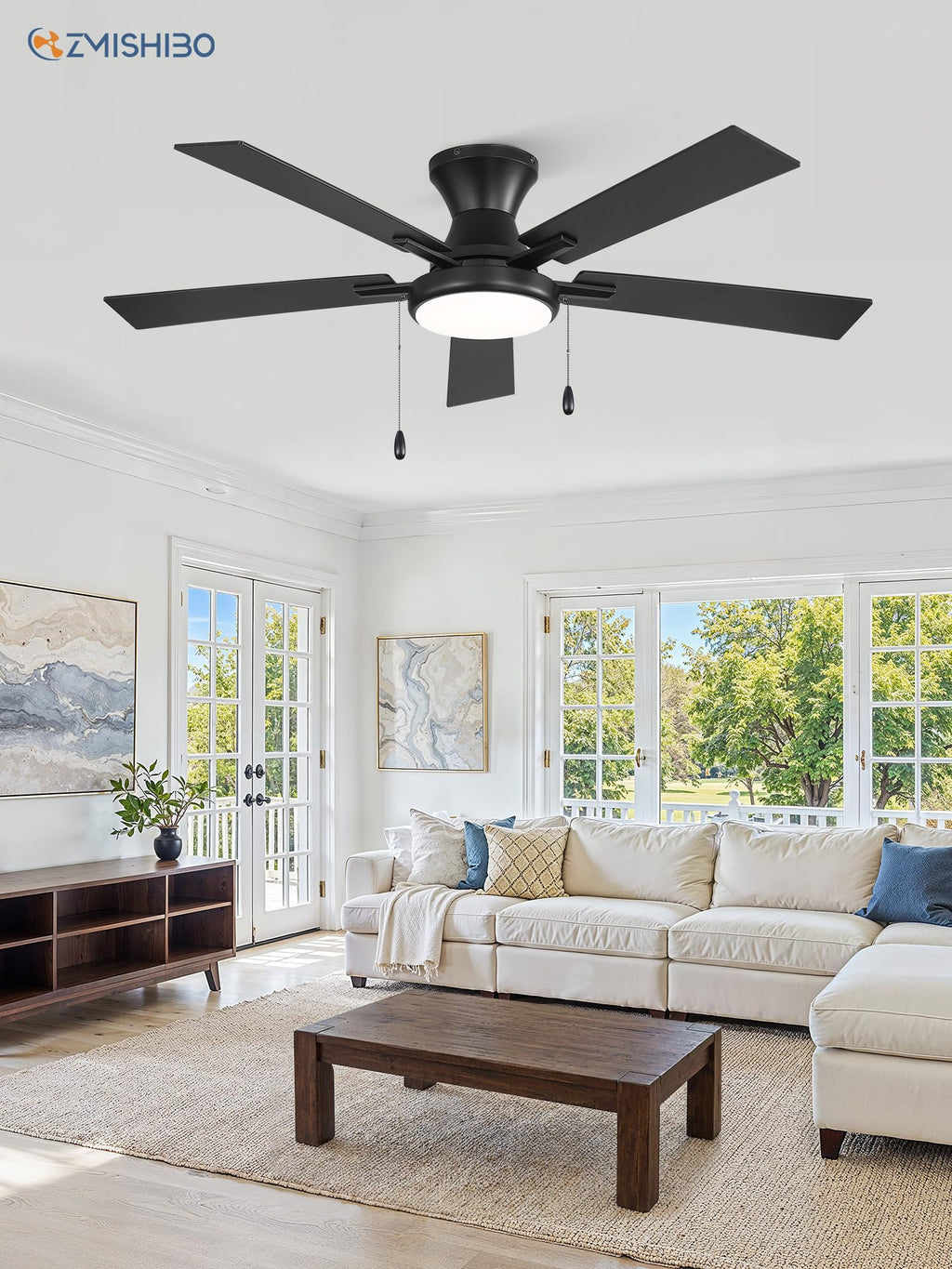 ZMISHIBO 52inch Ceiling Fans with Lights, Low Profile Ceiling Fan with Pull Chain and Remote Control, Flush Mount, Reversible, Dimmable, Noiseless, Black Pull Cord Ceiling Fan for Bedroom