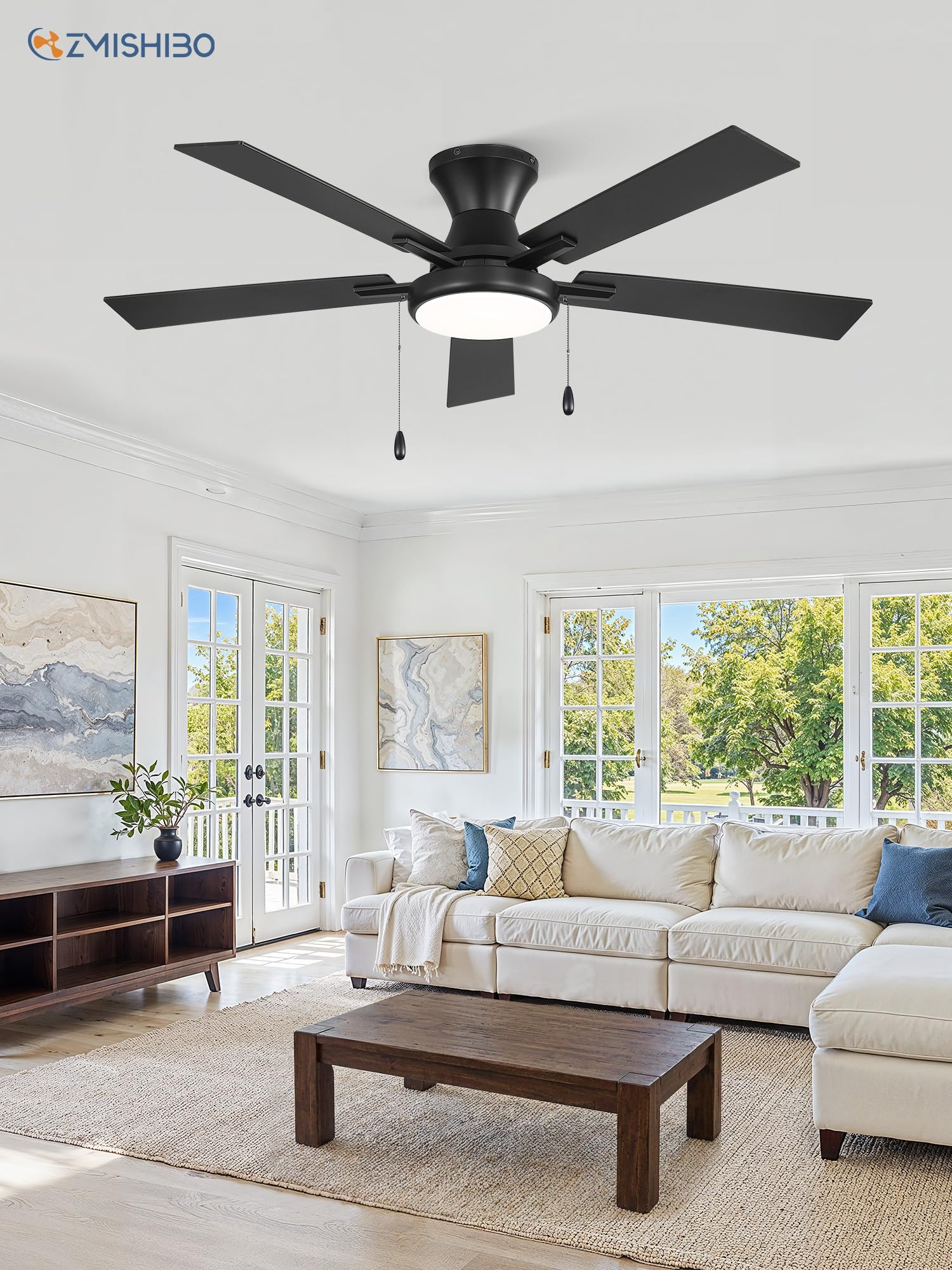 ZMISHIBO 52inch Ceiling Fans with Lights, Low Profile Ceiling Fan with Pull Chain and Remote Control, Flush Mount, Reversible, Dimmable, Noiseless, Black Pull Cord Ceiling Fan for Bedroom