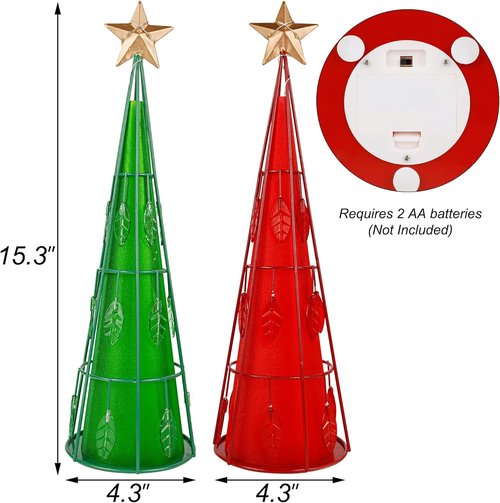 Juegoal Lighted Christmas Table Decorations - Battery Operated Cone Shaped LED Ornaments | 2 Pack, Green & Red