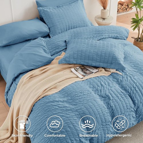 HYMOKEGE Comforter Set - Luxury 7-Piece All-Season Bedding in Mineral Blue | Full Size with Sheets & Pillowcases
