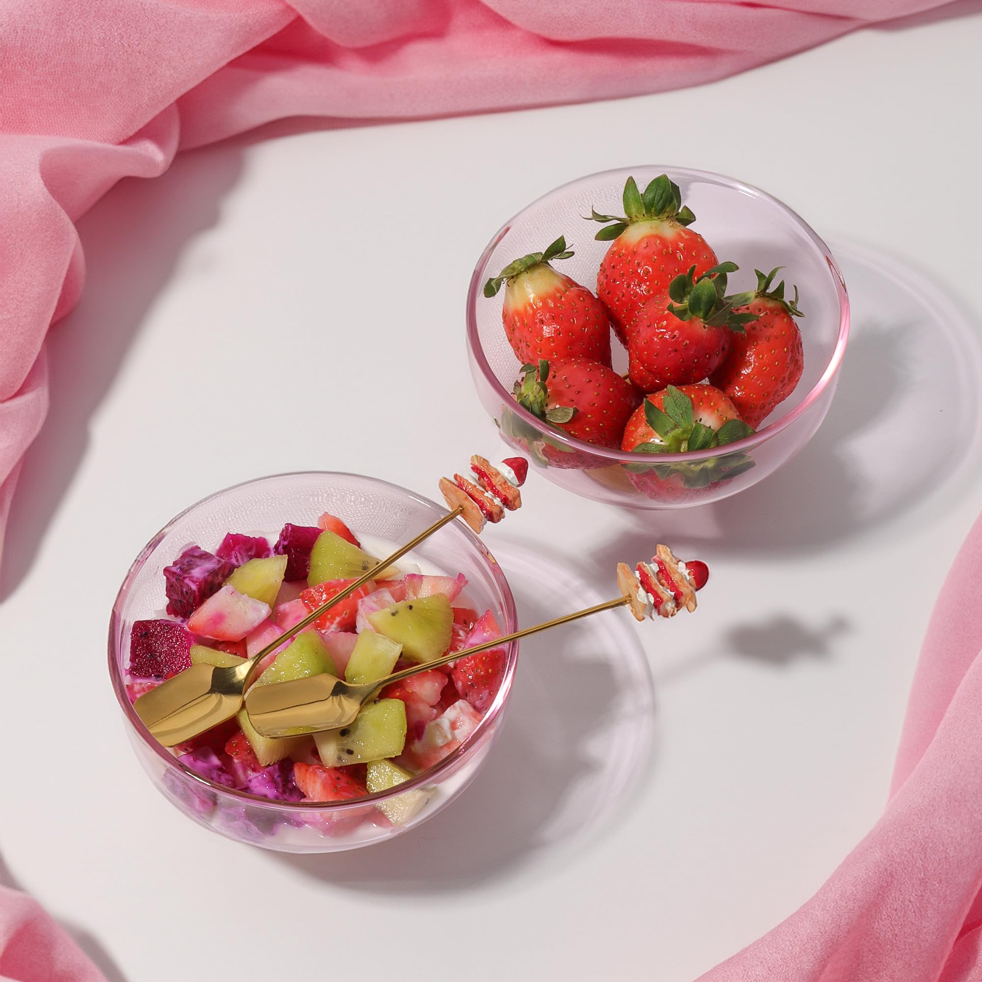 SERdeerCH Pink Glass Dessert Bowls Set of 2 Ice Cream Bowl with 2 Gold-Plated Spoons Decorative Microwave Safe for Fruit,Snack,Candy Glass Bowl Set