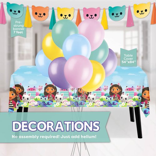 Gabby Dollhouse Party Decorations for Birthday | Serves 16 | Balloons, Banner, Tablecloth, Plates, Napkins, Sticker | Officially Licensed