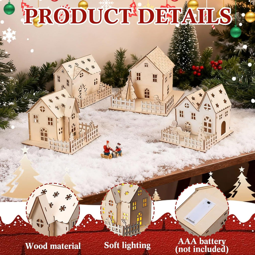 Qunclay Christmas Village Set - 4 Unfinished Wooden Houses for Holiday Crafts & Table Decor