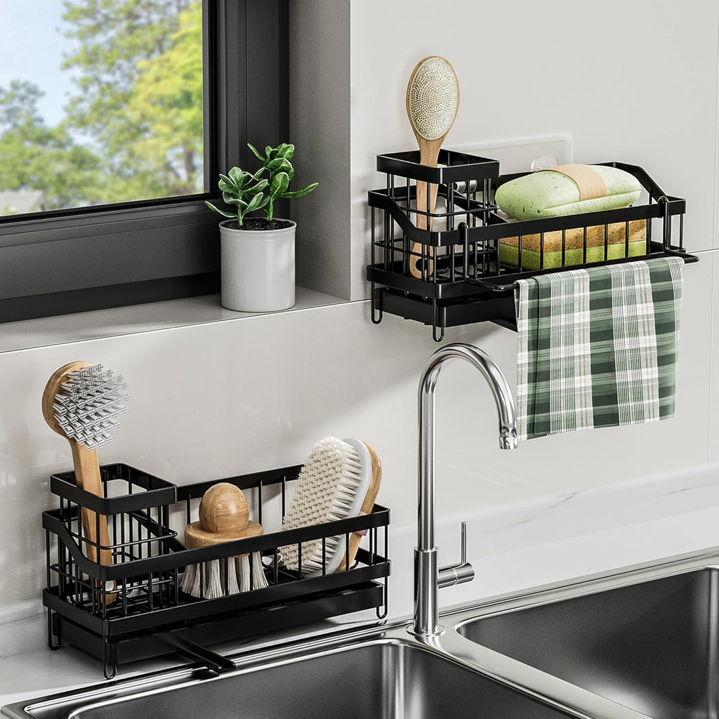 Skiennix Kitchen Sink Caddy Organizer - Rustproof Sponge Holder & Multi-Functional Soap Dispenser | Countertop Storage Solution