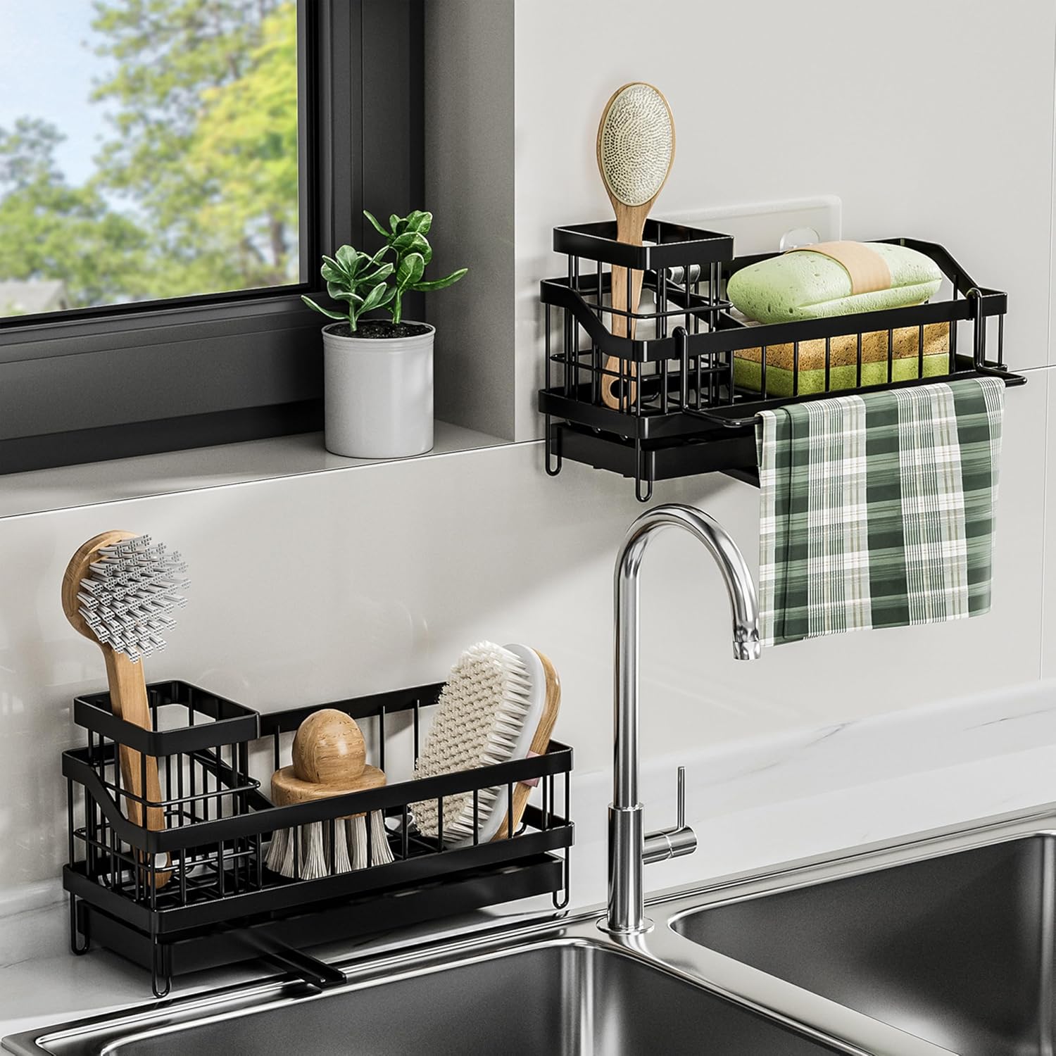 Skiennix Kitchen Sink Caddy Organizer - Rustproof Sponge Holder & Multi-Functional Soap Dispenser | Countertop Storage Solution