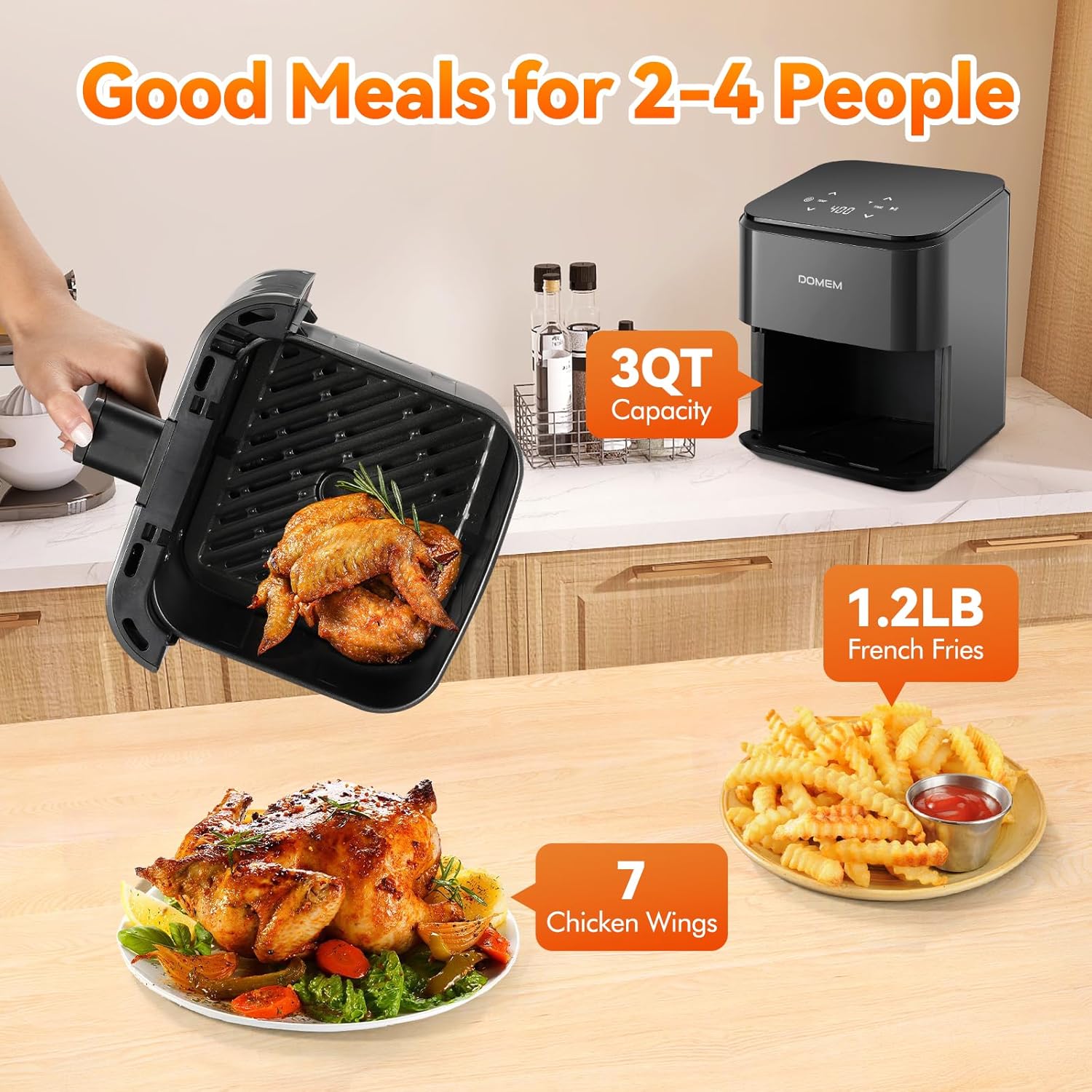 Skiennix 3 Qt Compact Air Fryer - User-Friendly Touchscreen, Non-Stick Basket & Rack, Low-Oil Cooking