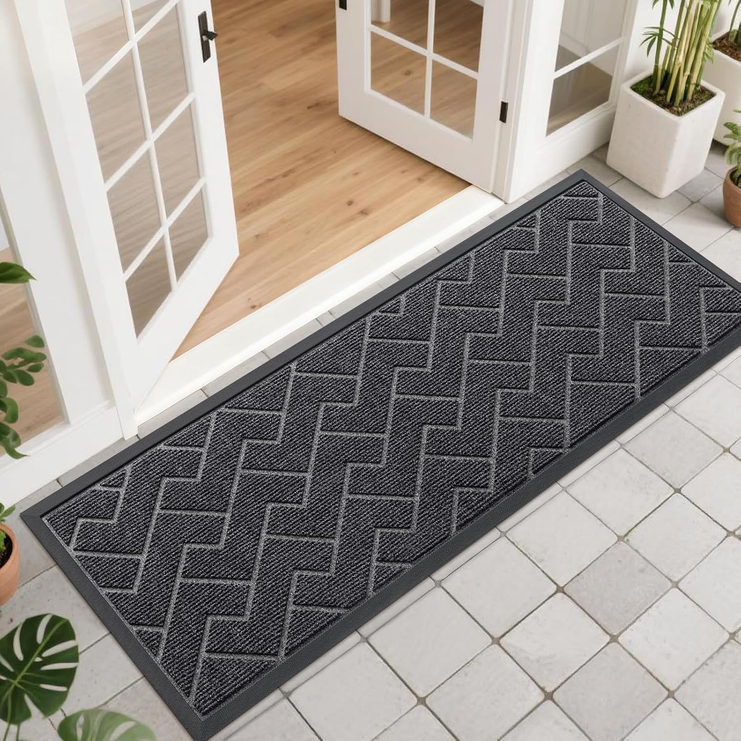 OLANLY Waterproof Front Door Mat - All-Season, Easy Clean Herringbone Design | Grey, 47x17 Inches