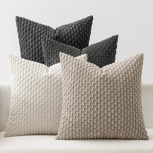 MIULEE Decorative Throw Pillow Covers - Soft Corduroy Striped Design | Set of 4, 18x18 Inch, Neutral Grey