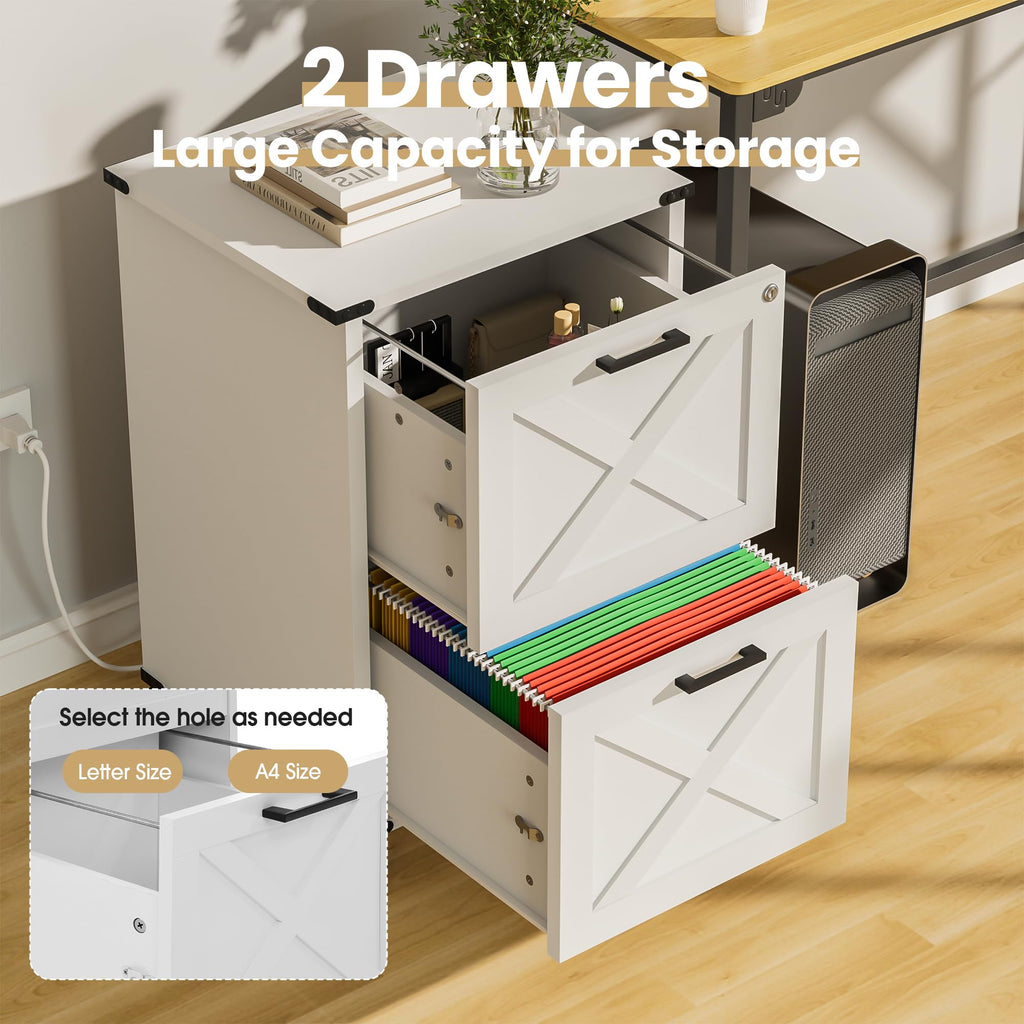 Onelike Small Wood File Cabinet with Lock, Nightstand with Charging Station, 2 Drawer Under Desk Lateral Filing Cabinets for Home Office, Printer Stand with Storage, White