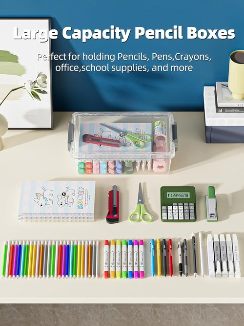 BiuLeon Extra Large Pencil Box - Clear Plastic Organizer for Crafts & Art Supplies | 4 Pack, Grey