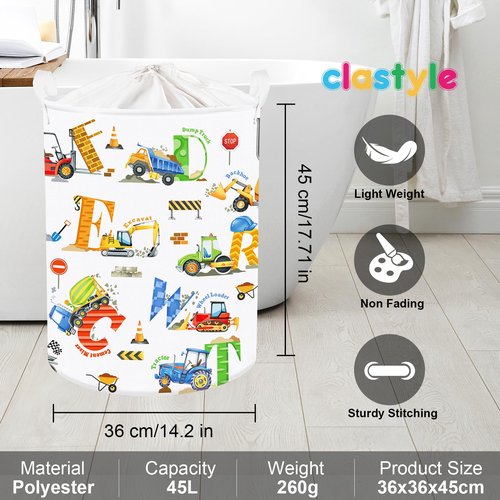 Clastyle Large Alphabet Car Kid Laundry Basket Construction Police Car Clothes Hamper for Boy Nursery Collapsible Excavator Toy Storage Basket with Lid