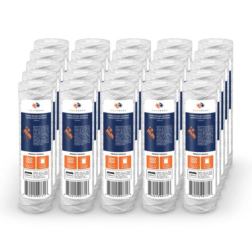 Aquaboon Whole House 5 Micron 10 x 2.5 String Wound Sediment Water Filter Cartridge Replacement Compatible with Well Water Filter WHKF-WHSW, 25-Pack