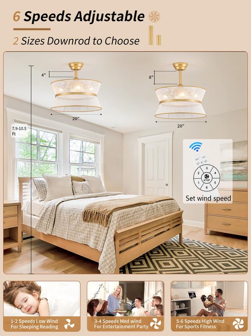 YEDAORL 20" Flower Ceiling Fans with Lights and Remote,Boho Chandelier Fan with 6 Speeds,Gold Fandelier for Bedroom,Dining Room,Nursery(Timing,Adjustable Height,4-Light)